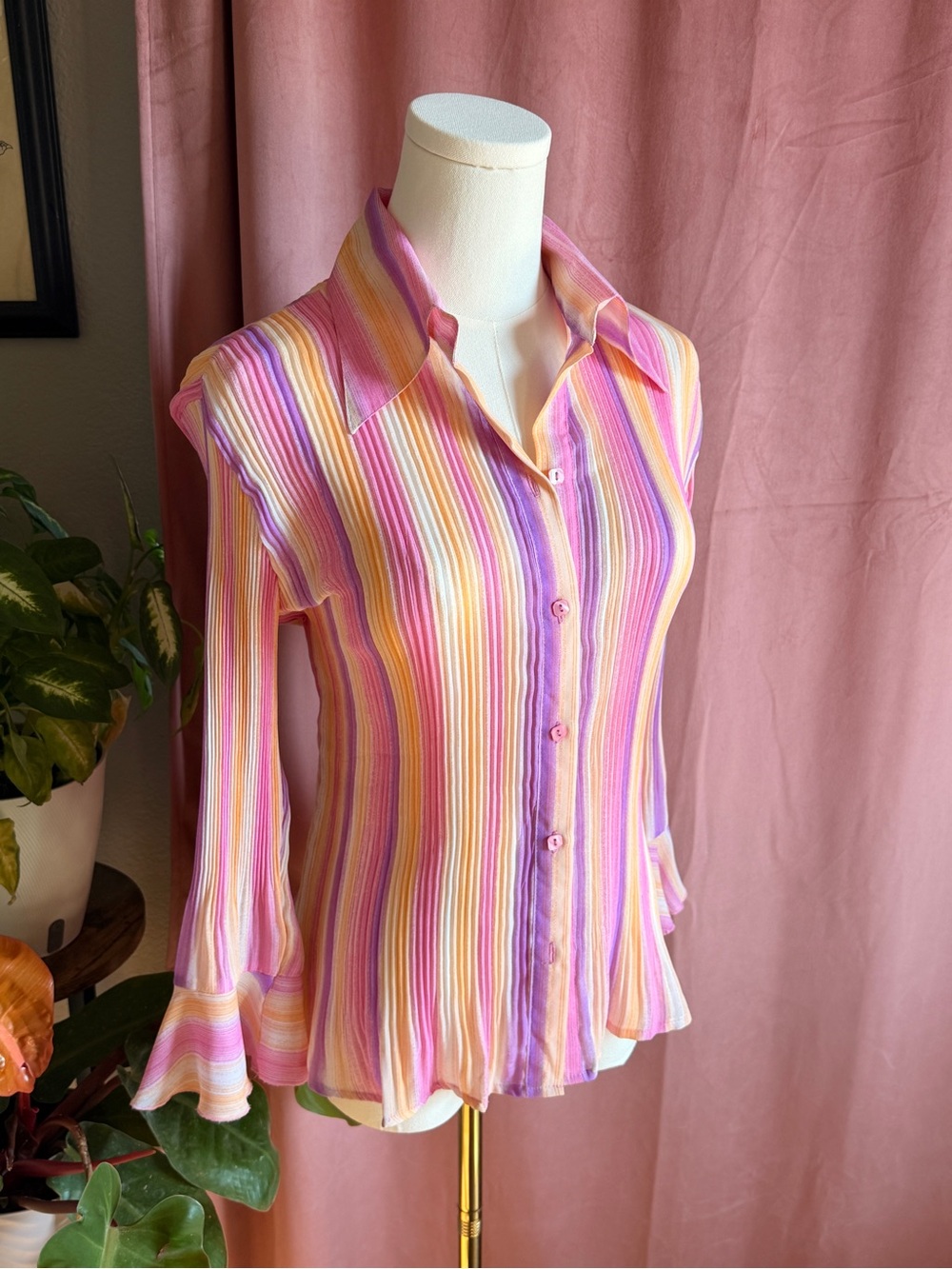 Vintage Y2K Milano Striped Button-Front Blouse in Pink, Yellow & Lavender